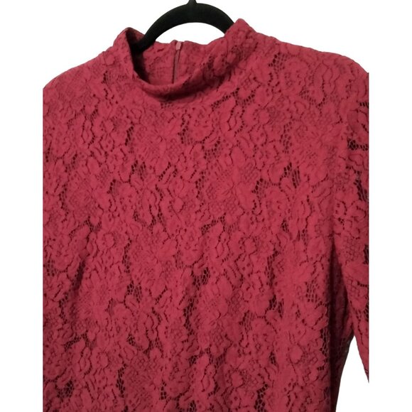 Appleseeds Red Lace Mock Neck 3/4 Sleeves Scalloped Hem Back Zip Top Size 14 - Picture 3 of 8